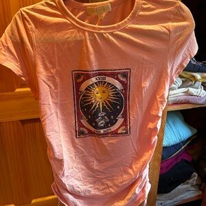 MADDEN GIRL Womens Pink Cinch Tie T-Shirt with Face Mask, Size L